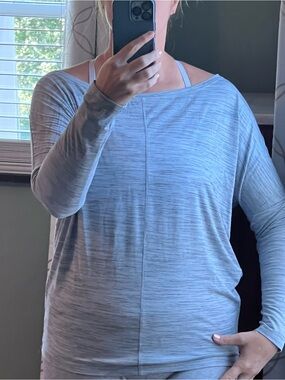 Athleta Light Gray/blue Long Sleeve Boatneck Athletic Top